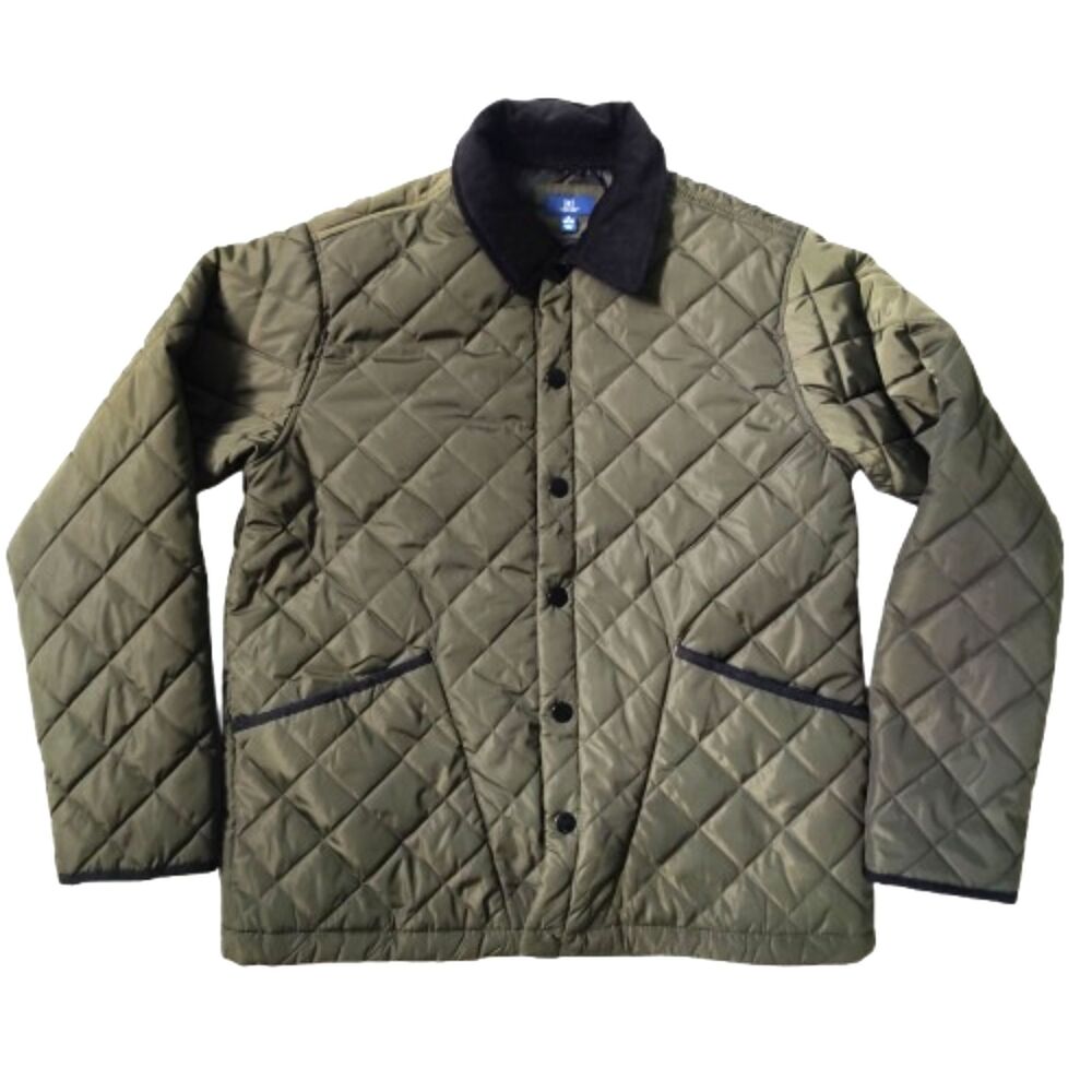 George Mens M Olive Green Quilted Barn Jacket Corduroy Collar Snap Front Coat